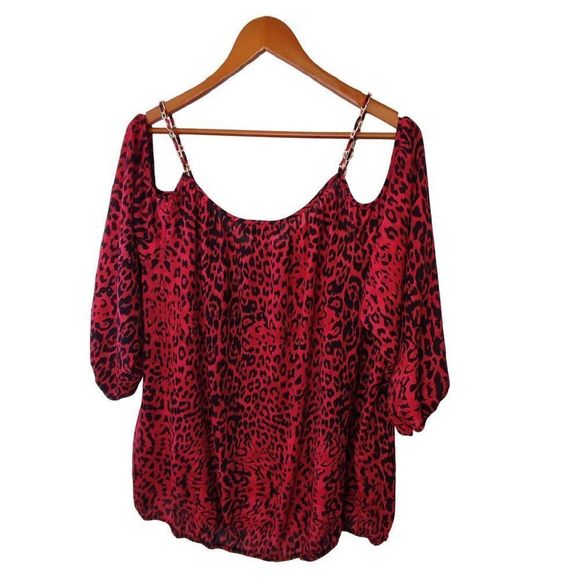 INC International Concepts Cold Shoulder Blouse Animal Print Top Red 3X - Picture 3 of 8